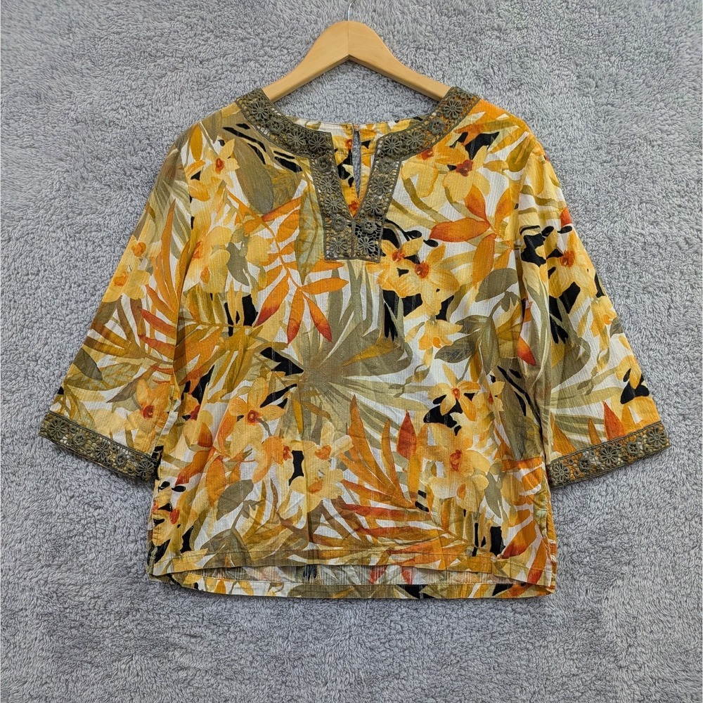 Alfred‎ Dunner Blouse Women's 14P Orange Yellow Tropical Floral Crochet Metallic